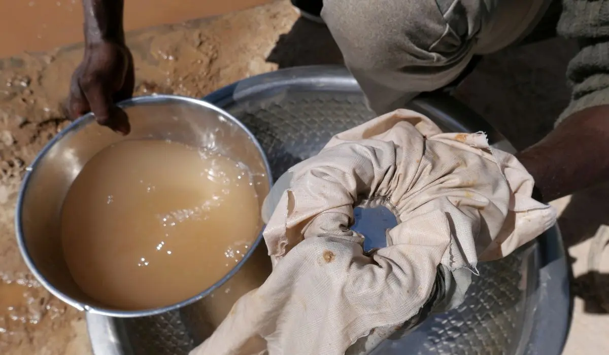 Artisanal miner using mercury to attract gold